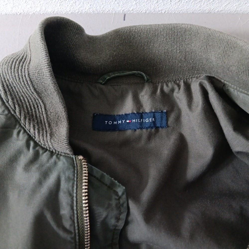 Tommy Hilfiger Canvas Bomber Jacket Womens Medium Green Khaki FLAG Back Retro - Picture 7 of 12